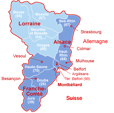 Carte de la Franche-Comté, de l'Alsace et de la Lorraine